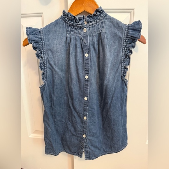 FRAME Ruffle Denim Sleeveless Top in Joanie Size XS - Picture 4 of 10